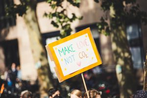 Wooden sign at a demonstration saying "make love, not co2".