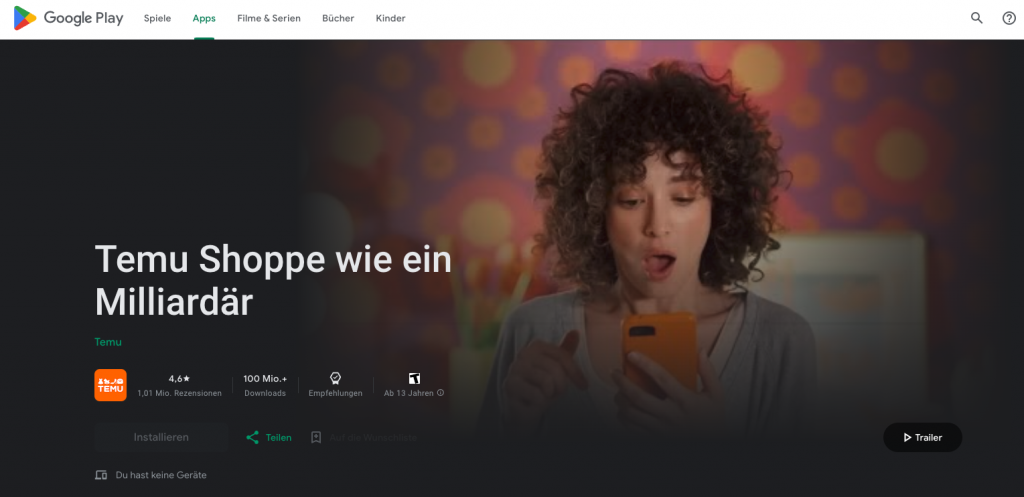 Screenshot of Temu´s Download-Section in Google Playstore made by nice e.V. on Oktober 10th 2023