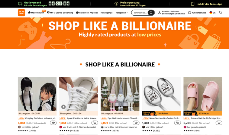 Screenshot from original page www.temu.com made by nice e.V. on Okt 10 2023 showing really cheap and partly completely superfluous stuff like spoons that say "best grandmother in the world", wigs or secret Santa stuff