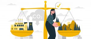Cartoon Picture Showing a woman in front of a big scale which wheighs environmental versus financial and industrial topics symbolized by icons